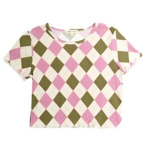 MoaMoa Pink and Green Argyle Short Sleeved Shirt Medium